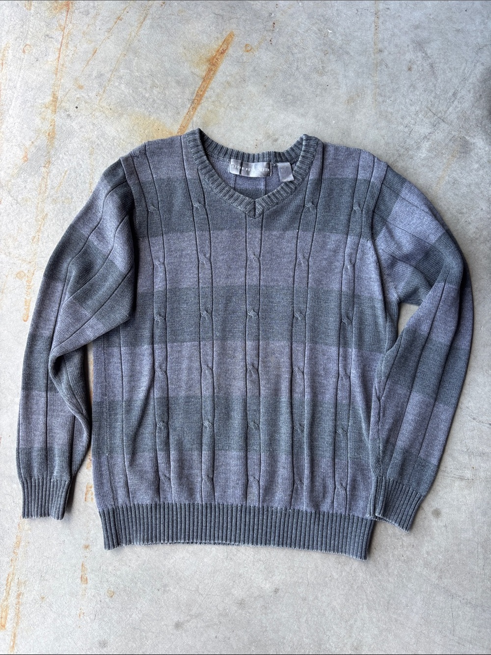 Oscar de la Renta Vintage V-Neck Sweater Gray Stripe Knit Pullover 90s Designer